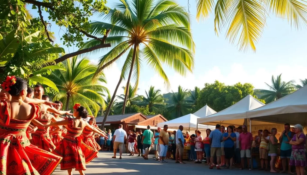 A vibrant scene of Guam's cultural festivals unfolds on a sun-drenched day. In the foreground, colorfully garbed dancers perform traditional Chamorro dances, their flowing movements captivating onlookers. Middle-ground, a lively marketplace bustles with vendors selling handcrafted wares and tantalizing local cuisine. In the background, lush tropical foliage frames the festivities, creating a serene, island atmosphere. Warm, golden lighting bathes the entire scene, conveying a sense of joy and celebration. The overall composition highlights the rich heritage and communal spirit that imbue Guam's festivals with deep cultural significance.