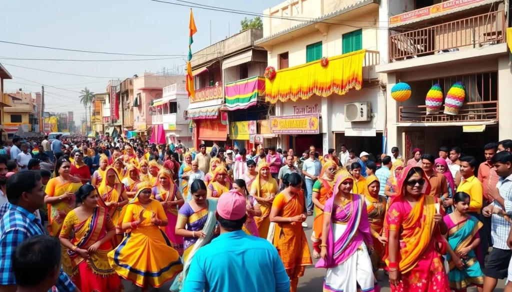 A vibrant scene of Gujarat's festival culture, captured on a pleasant day. In the foreground, a colorful procession of elaborately dressed performers, dancers, and musicians weave through the bustling streets. Colorful banners, streamers, and festive decorations adorn the buildings in the middle ground. In the background, a lively crowd of people gathers, watching the festivities with joy and excitement. The lighting is warm and natural, accentuating the vivid hues of the costumes and decorations. The camera angle is slightly elevated, providing a panoramic view of the joyous celebration.