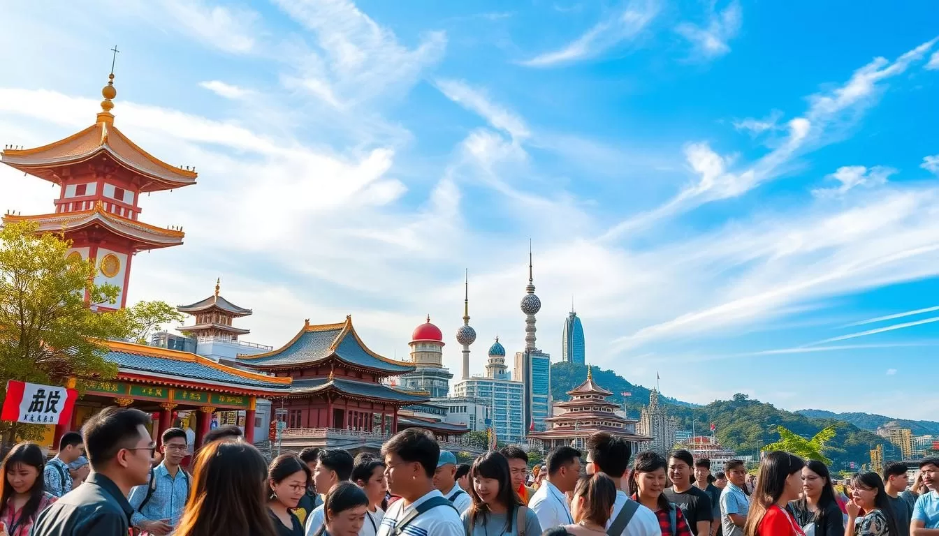 A vibrant scene of Hsinchu County, Taiwan, showcasing the diverse languages spoken in the region. In the foreground, a group of people engaged in lively conversations, their gestures and expressions capturing the energy of multilingual exchanges. In the middle ground, iconic Taiwanese architecture and landmarks stand as a backdrop, reflecting the cultural richness of the area. The sky is a brilliant blue, with soft, wispy clouds providing gentle lighting that casts a warm glow over the entire scene. The overall atmosphere conveys a sense of harmony and cultural celebration, inviting the viewer to immerse themselves in the multilingual tapestry of Hsinchu County.