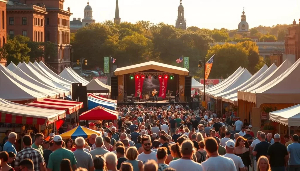 A vibrant scene of Indiana's lively festival culture. In the foreground, a bustling crowd gathered around colorful food stalls, the aroma of local delicacies permeating the air. In the middle ground, a stage comes alive with energetic live music, surrounded by tents and booths showcasing the state's rich craftsmanship. In the background, iconic landmarks like historic buildings and lush greenery frame the celebratory atmosphere. Warm, golden sunlight filters through, creating a welcoming and joyful ambiance. The overall composition captures the spirit of Indiana's diverse and vibrant festival scene.