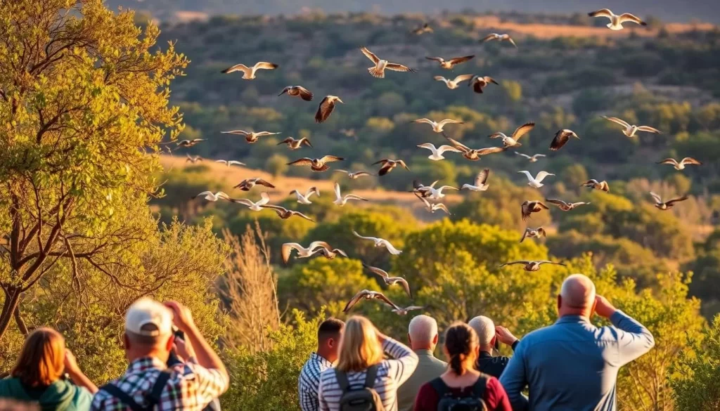 A vibrant scene of Madikwe Game Reserve's lush wilderness, where birds take flight amidst the towering trees. In the foreground, a group of birdwatchers equipped with binoculars and cameras, their eyes peeled for the elusive feathered inhabitants. The middle ground reveals a diverse array of avian species, their colorful plumage catching the warm, golden light of the afternoon sun. In the background, the rolling hills and dense vegetation create a serene, natural backdrop, inviting visitors to immerse themselves in the tranquility of this wildlife haven.