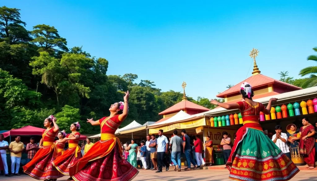A vibrant scene of Manipuri cultural festivities, set against the backdrop of lush greenery and a clear blue sky. In the foreground, a lively dance performance with graceful Manipuri dancers adorned in intricate, colorful costumes, their movements fluid and mesmerizing. In the middle ground, a bustling marketplace filled with stalls selling traditional Manipuri handicrafts, textiles, and local delicacies. The atmosphere is warm and celebratory, with the sound of traditional Manipuri music and laughter filling the air. The lighting is soft and natural, capturing the essence of the festival in a picturesque manner. The overall scene is a vibrant and immersive representation of the rich cultural heritage of Manipur, India.