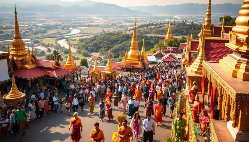 A vibrant scene of Myanmar's cultural heritage unfolds, showcasing the country's most beloved festivals. In the foreground, a lively parade winds through the streets, adorned with colorful costumes, intricate masks, and graceful dancers moving to the rhythm of traditional music. In the middle ground, bustling crowds gather around ornate temples, their gilded spires reflecting the warm sunlight. In the background, a serene landscape of verdant hills and winding rivers provides a tranquil backdrop to the festive atmosphere. The scene is bathed in a soft, natural lighting that accentuates the rich textures and vibrant hues of the setting, creating an immersive and visually captivating depiction of Myanmar's vibrant cultural celebrations.
