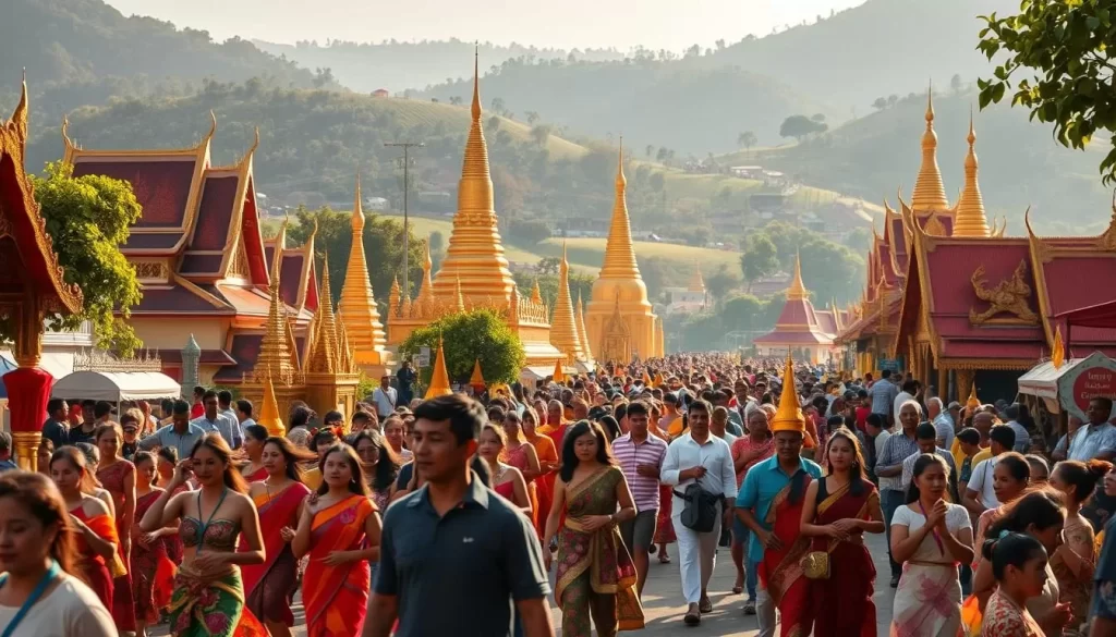 A vibrant scene of Myanmar's peak festival season, captured in stunning detail. In the foreground, a lively parade of colorfully dressed dancers and musicians weaves through the bustling streets, their movements fluid and graceful. The middle ground is filled with intricate Buddhist temples, their golden spires glistening in the warm afternoon sun. In the background, a verdant landscape of rolling hills and lush foliage creates a serene backdrop, accentuating the festive atmosphere. The lighting is soft and natural, casting a warm glow over the entire scene. The lens captures the energy and spirit of the celebrations, inviting the viewer to immerse themselves in the cultural richness of Myanmar during its peak season.