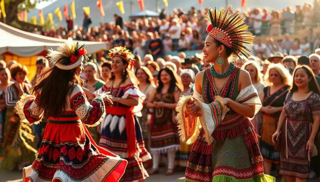 A vibrant scene of Nevada's cultural festivals, showcasing the state's diverse heritage. In the foreground, costumed performers dance to the rhythm of traditional music, their colorful garments swirling with energy. In the middle ground, artisans display their handcrafted wares, from intricate jewelry to vibrant textiles. The background features a lively crowd, their faces alight with joy and wonder as they immerse themselves in the celebration. Warm sunlight filters through the scene, casting a golden glow that enhances the festive atmosphere. The composition captures the joy, diversity, and rich cultural traditions that make Nevada's festivals truly captivating.