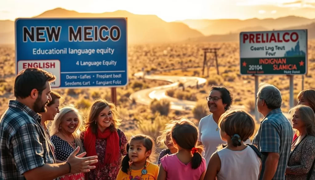 A vibrant scene of New Mexico's linguistic diversity unfolds. In the foreground, a group of adults and children converse animatedly, their gestures and expressions conveying the richness of multilingual communication. The middle ground features signage and billboards, showcasing English alongside Spanish and indigenous languages, reflecting the state's commitment to language equity. In the background, a majestic desert landscape provides a picturesque backdrop, with warm sunlight casting a golden glow over the entire scene. The overall mood is one of inclusivity, education, and the celebration of New Mexico's linguistic tapestry.