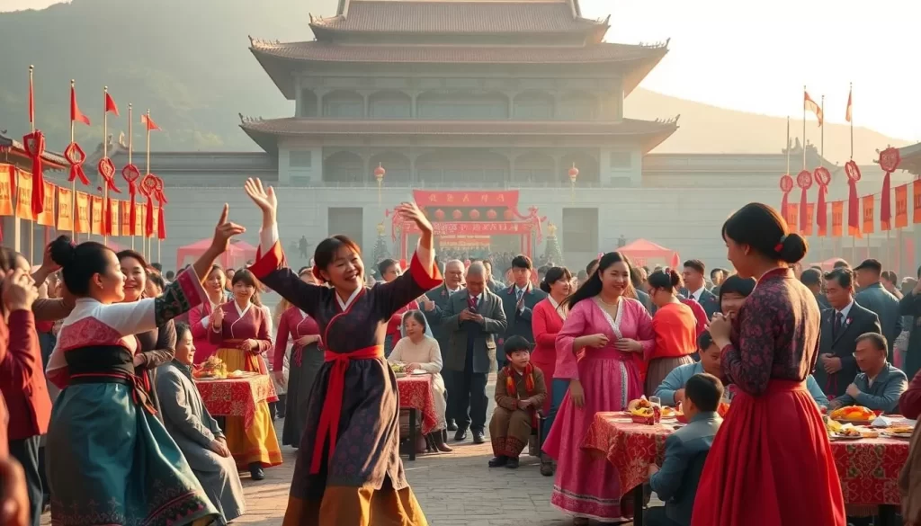 A vibrant scene of North Korean festivals, with people dressed in traditional hanbok attire celebrating joyously. In the foreground, a group of dancers perform a lively traditional dance, their colorful costumes swirling in the soft, warm lighting. In the middle ground, families gather around tables laden with festive dishes, sharing meals and laughter. In the background, a grand, ornate palace or temple stands majestically, its architecture reflecting the rich cultural heritage of the nation. The atmosphere is one of celebration, community, and cultural pride, captured with a cinematic, documentary-style perspective.