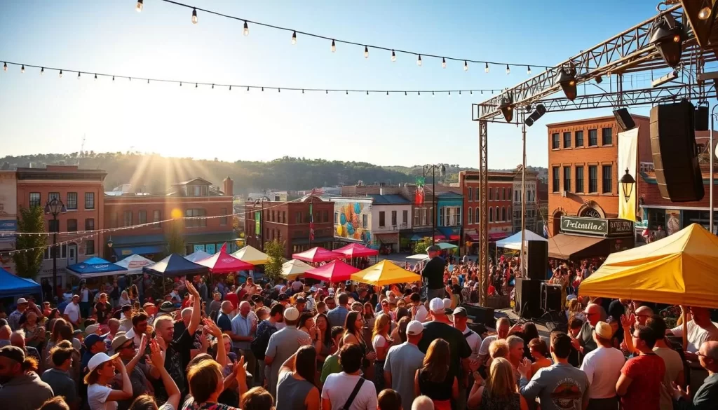 A vibrant scene of Pennsylvania's vibrant festival atmosphere. In the foreground, a lively crowd gathers around a central stage, clapping and cheering as musicians perform on stage, their instruments filling the air with spirited melodies. In the middle ground, colorful tents and booths line the streets, offering an array of local crafts, foods, and activities. The background is a panoramic view of historic architecture, punctuated by the warm glow of string lights strung overhead, creating a festive ambiance. Warm sunlight filters through, casting a golden hue over the entire scene. The overall mood is one of joyful celebration, capturing the vibrant cultural spirit that defines Pennsylvania's festival landscape.