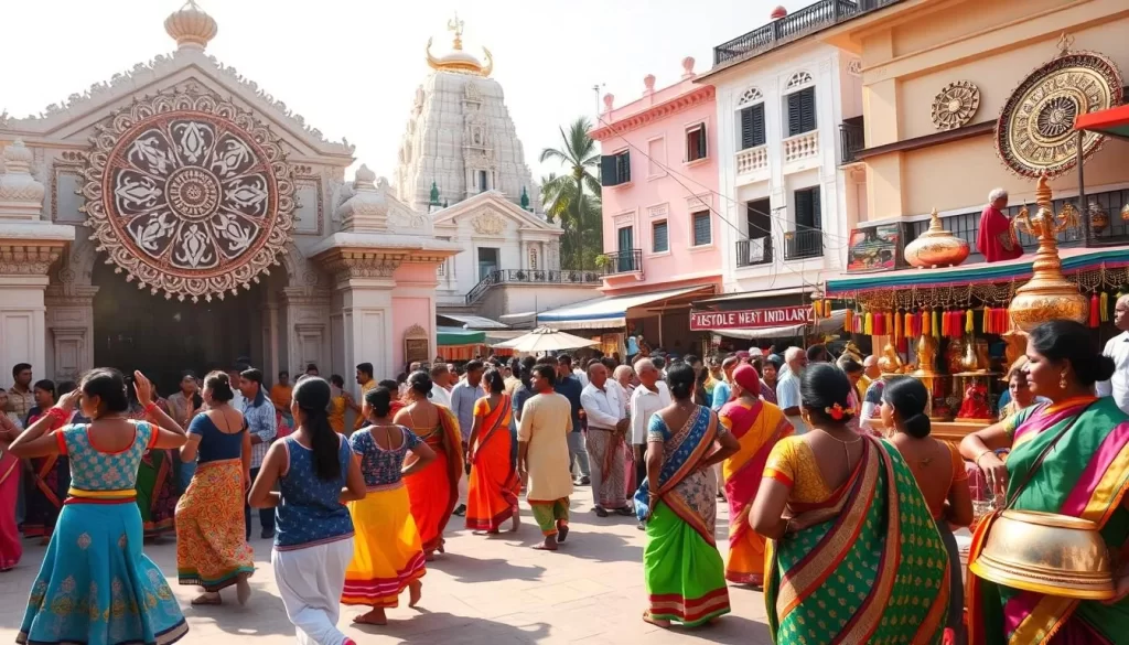 A vibrant scene of Puducherry's cultural festivals, captured on a sun-dappled day. In the foreground, colorfully dressed performers dance to the rhythmic beats of traditional instruments. Intricate mandala designs adorn the temple walls, their intricate patterns casting intricate shadows. In the middle ground, a bustling marketplace showcases the region's artisanal wares, from hand-woven textiles to gleaming brass sculptures. The background features the iconic French colonial architecture, its pastel facades complementing the lively festivities. Soft, diffused lighting creates a warm, celebratory atmosphere, inviting the viewer to immerse themselves in the unique cultural tapestry of Puducherry.