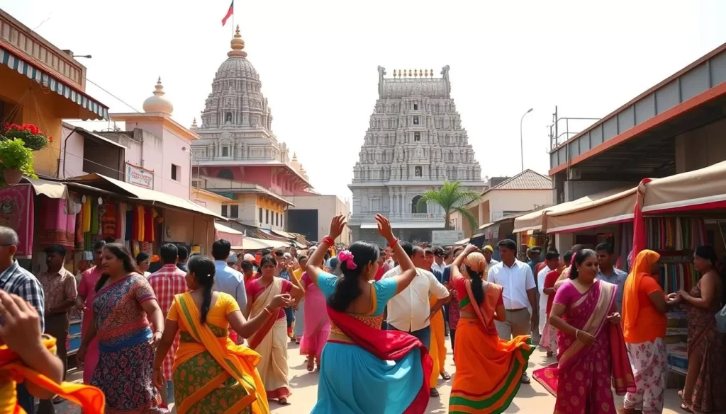 A vibrant scene of Puducherry's iconic festivals, captured on a sun-dappled day. In the foreground, colorfully dressed locals dance to the rhythmic beats of traditional music, their garments flowing gracefully. In the middle ground, ornate temple structures rise, their intricate architecture and vibrant hues reflecting the rich cultural heritage. The background depicts a bustling marketplace, where vendors sell an array of fragrant spices, handcrafted textiles, and local delicacies, immersing the viewer in the lively atmosphere of this enchanting union territory.