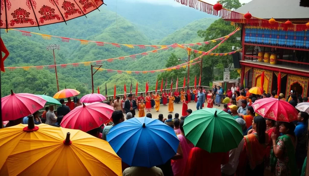 A vibrant scene of Sikkim's monsoon festivals unfolds before you. The lush, verdant hills provide a stunning backdrop as locals gather in colorful traditional attire, dancing and celebrating amidst the pitter-patter of raindrops. Ornate umbrellas dot the foreground, casting playful shadows on the crowd below. Vibrant streamers and flags fluttering in the gentle breeze add to the festive atmosphere. The middle ground features intricate performances, with musicians playing traditional instruments and performers gracefully moving to the rhythm. Warm, diffused lighting illuminates the joyous celebration, creating a sense of warmth and community. This image captures the essence of Sikkim's vibrant monsoon festivals, a celebration of culture, tradition, and the beauty of the natural world.