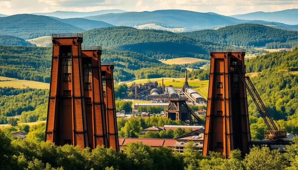 A vibrant scene of Silesian mining heritage. In the foreground, a cluster of sturdy, brick-built headframes stand tall, their towering structures casting dramatic shadows across the landscape. The middle ground reveals a sprawling industrial complex, its machinery and workshops a testament to the region's proud mining legacy. In the distance, rolling hills dotted with lush greenery provide a picturesque backdrop, the warm, golden light of a summer afternoon bathing the entire tableau in a soft, nostalgic glow. The scene exudes a sense of industrial might tempered by the tranquility of nature, inviting the viewer to step into this remarkable fusion of man and environment.