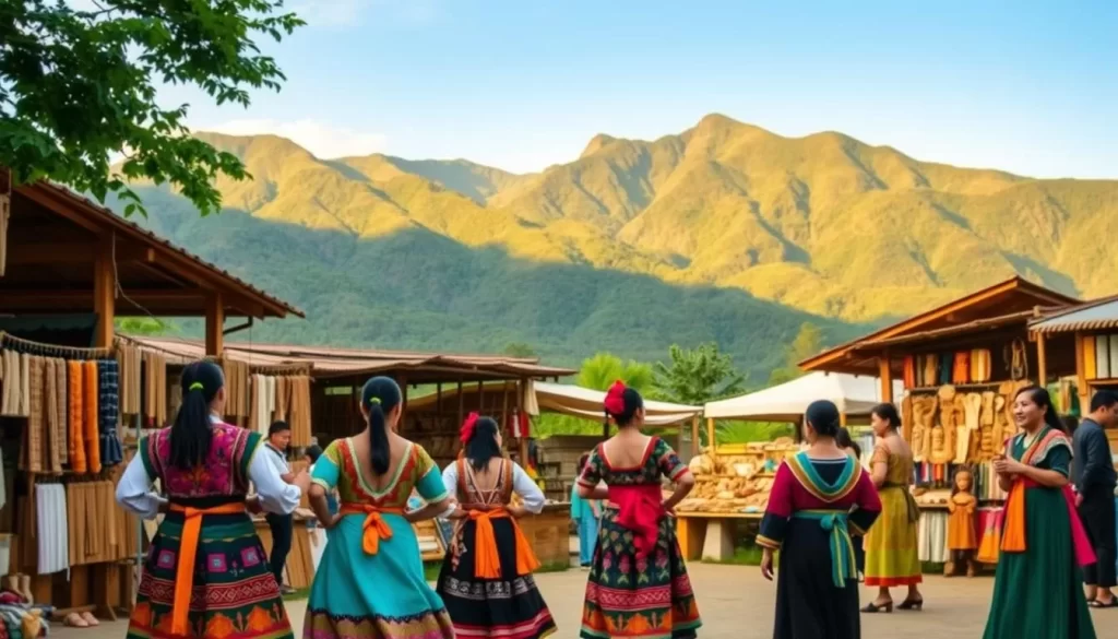 A vibrant scene of Taitung County's Indigenous culture unfolds before the viewer. In the foreground, a group of indigenous people in traditional garments dance gracefully, their colorful regalia swaying to the rhythm of indigenous music. In the middle ground, artisanal stalls display an array of handcrafted goods, from intricate weavings to carved wooden figurines, showcasing the region's rich artistic heritage. In the background, lush green mountains rise, their peaks kissed by a warm, golden sun, creating a serene and picturesque backdrop. The entire scene is bathed in a soft, natural light, evoking a sense of tranquility and timelessness, inviting the viewer to immerse themselves in the vibrant tapestry of Taitung County's indigenous culture.