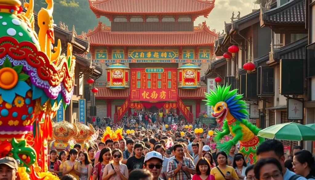 A vibrant scene of Taitung's vibrant festivals unfolds before the viewer. In the foreground, colorful parade floats and costumed performers energize the bustling streets, their intricate designs and lively movements capturing the celebratory spirit. In the middle ground, crowds of locals and tourists alike revel in the festivities, their faces aglow with excitement. The background is framed by traditional Taiwanese architecture, its ornate details and vibrant hues complementing the festive atmosphere. Warm, natural lighting bathes the entire scene, casting a golden glow and amplifying the joyous ambiance. An immersive, high-resolution image that truly transports the viewer to the heart of Taitung's cultural celebrations.