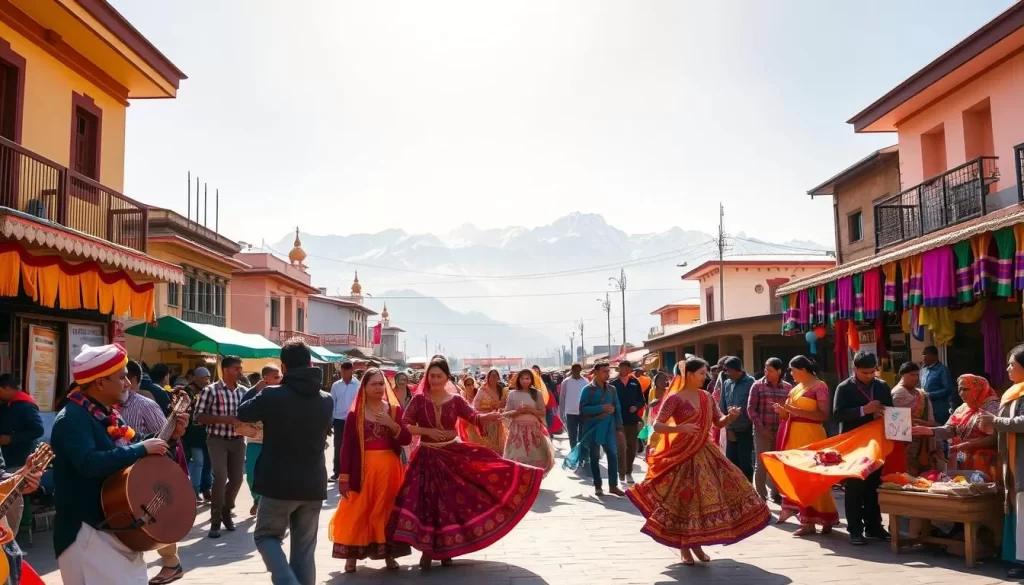 A vibrant scene of Uttarakhand's cultural festivities, with colorfully dressed locals parading through a bustling town square. In the foreground, musicians play traditional instruments as dancers twirl gracefully, their intricate costumes shimmering in the warm, golden sunlight. In the middle ground, vendors sell fragrant spices, handcrafted textiles, and delectable local delicacies, creating a lively, immersive atmosphere. The background features the majestic Himalayan peaks, their snow-capped summits peeking through a clear, azure sky, setting the perfect backdrop for this vibrant celebration of Uttarakhand's rich cultural heritage.