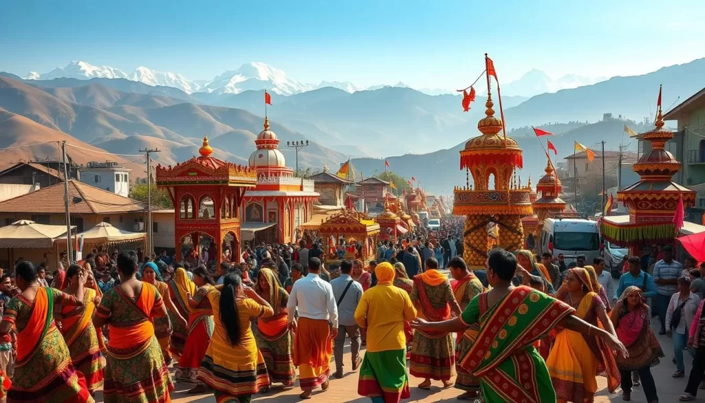A vibrant scene of Uttarakhand's lively festivals unfolds before us. In the foreground, colorfully dressed locals dance to the rhythmic beats of traditional music, their graceful movements punctuated by the jingling of bells and the cheers of the crowd. In the middle ground, intricately decorated floats and elaborate parade structures weave through the bustling streets, their intricate designs and vibrant hues capturing the essence of the region's rich cultural heritage. In the background, rolling hills and snow-capped peaks provide a majestic natural backdrop, bathed in the warm, golden light of a sun-dappled day. This scene, a harmonious blend of vibrant human celebration and awe-inspiring natural beauty, perfectly encapsulates the spirit and joy of Uttarakhand's vibrant festival culture.