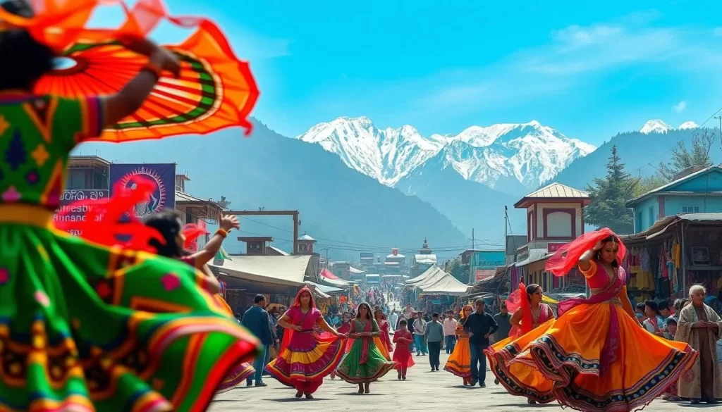 A vibrant scene of Uttarakhand's lively festivals unfolds before us. In the foreground, a colorful procession of dancers in elaborate costumes swirls and twirls, their movements energetic and joyful. In the middle ground, a bustling marketplace teems with vendors selling an array of local crafts, textiles, and delectable street food. The background showcases the majestic Himalayan peaks, their snow-capped summits bathed in warm, golden light. The atmosphere is one of exuberance and cultural celebration, with a sense of harmony and community pervading the scene. Vibrant colors, dynamic movement, and a touch of spiritual reverence capture the essence of Uttarakhand's vibrant festival culture.