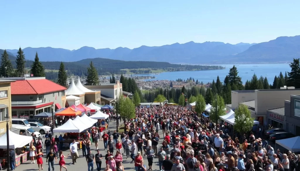 A vibrant scene of Washington State's lively festivals unfolds. In the foreground, a colorful parade winds through the streets, with lively dancers, musicians, and costumed performers. Clusters of festive tents and booths offer mouthwatering local cuisine and handcrafted wares. In the middle ground, a crowd of excited attendees basks in the warm, sunny day, taking in the sights and sounds. The background features a picturesque landscape, with majestic mountains, lush evergreen forests, and a sparkling body of water, setting the stage for this celebration of Washington's rich cultural heritage.