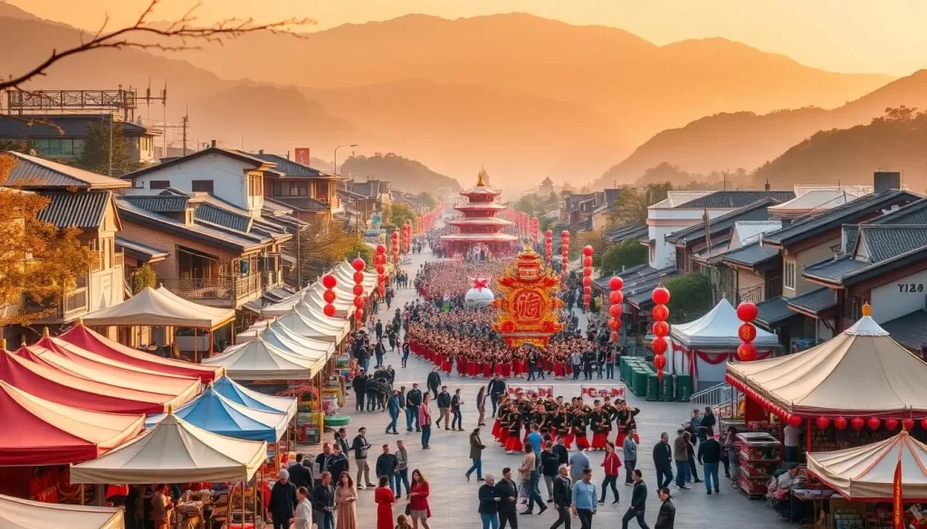 A vibrant scene of Yilan County's seasonal festivities unfolds before us. In the foreground, colorful stalls and tents dot the bustling town square, offering an array of local delicacies and handcrafted wares. Lively performers take center stage, their traditional dances and music filling the air with joy. In the middle ground, a grand parade winds through the streets, its ornate floats and costumed participants capturing the essence of Yilan's cultural heritage. The background is framed by the county's lush natural landscapes, with towering mountains and verdant hills providing a picturesque backdrop to the celebrations. The warm, golden lighting casts a dreamlike glow over the scene, creating a serene and inviting atmosphere.