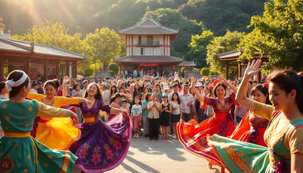 A vibrant scene of Yunli County's cultural festivities, captured in vivid detail. In the foreground, colorfully dressed performers dance and twirl, their movements fluid and graceful. In the middle ground, a bustling crowd gathers, their faces alight with joy and anticipation. In the background, traditional architecture and lush greenery frame the lively event, creating a sense of harmony between the cultural heritage and the celebratory atmosphere. Warm sunlight filters through, casting a golden glow and enhancing the overall mood of celebration and community. The image conveys the rich tapestry of Yunli County's cultural traditions, inviting the viewer to immerse themselves in the vibrant celebration.