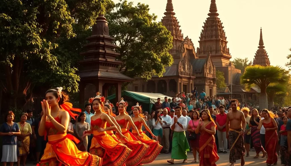 A vibrant scene of a Cambodian festival, set against a backdrop of ornate temples and lush greenery. In the foreground, a colorful procession of dancers in traditional costumes sway gracefully, their movements accentuated by the warm, golden light. In the middle ground, a crowd of spectators eagerly watches, their faces aglow with wonder and delight. The background features the towering spires of ancient Khmer architecture, their intricate carvings and ornamentations casting long shadows across the scene. The overall atmosphere is one of celebration, cultural heritage, and a deep appreciation for the rich tapestry of Cambodian traditions.
