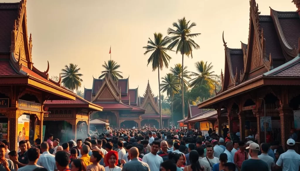 A vibrant scene of a Cambodian festival unfolds, capturing the essence of the country's rich cultural heritage. In the foreground, a lively crowd gathers around colorful food stalls, the air filled with the aroma of sizzling street food. Ornate pavilions and intricate temple structures frame the middle ground, their intricate designs casting warm shadows on the festive throng. In the background, majestic palm trees sway gently, their fronds rustling in the soft breeze. The lighting is soft and golden, creating a serene, celebratory atmosphere. The overall composition conveys the joyous spirit and welcoming embrace of a Cambodian festival, inviting the viewer to immerse themselves in the vibrant cultural experience.