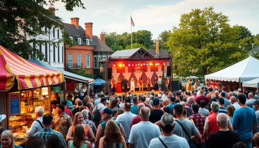 A vibrant scene of a Delaware festival unfolds, showcasing the state's rich cultural heritage. In the foreground, a lively crowd gathers around colorful food stalls, the aroma of local delicacies filling the air. In the middle ground, a stage comes alive with energetic performers, their movements accentuated by warm, golden lighting. In the background, historic buildings and lush greenery create a picturesque setting, reflecting the charm and character of this Delaware gathering. The overall atmosphere is one of celebration, community, and a deep appreciation for the state's traditions and diversity.