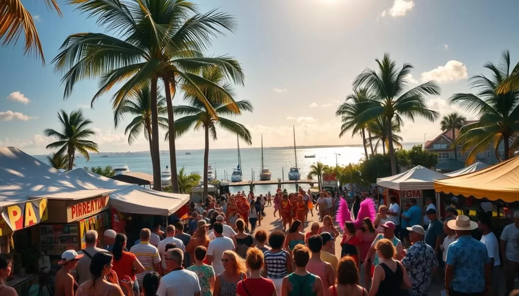 A vibrant scene of a Florida festival unfolds, bathed in warm, golden sunshine. In the foreground, a lively crowd gathers around colorful vendor stalls, brimming with local crafts, delicious street food, and live music. The middle ground features a festive parade, with dancers in vibrant costumes swaying to the rhythm of Caribbean-inspired beats. In the background, palm trees sway gently, framing a picturesque waterfront vista, where boats bob on the serene waters. The overall atmosphere exudes a palpable sense of joy, celebration, and the unique cultural essence of the Sunshine State.
