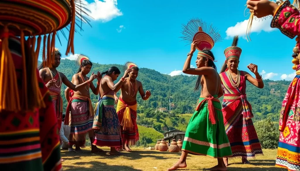 A vibrant scene of a Meghalaya tribal community, captured on a sunny day. In the foreground, a group of colorfully dressed men and women engage in traditional dances, their movements fluid and graceful. The middle ground reveals intricate woven baskets, handcrafted jewelry, and ceremonial masks, showcasing the community's rich cultural heritage. In the background, lush, verdant hills and a clear, azure sky set the stage, creating a serene and picturesque atmosphere. Warm, natural lighting bathes the scene, highlighting the vibrant hues and textures of the tribal attire and accessories. The image conveys a sense of joyful celebration and the enduring traditions that define the cultural tapestry of Meghalaya.