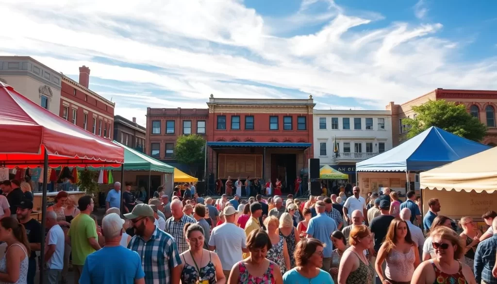 A vibrant scene of a Minnesota summer festival, with crowds gathered under colorful tents and canopies. In the foreground, locals and visitors mingle, sampling artisanal foods, browsing unique handcrafted wares, and tapping their feet to the beat of traditional live music. The middle ground features a lively stage, where performers in traditional garb captivate the audience with their energetic dance and song. In the background, the iconic architecture of historic buildings frames the festive atmosphere, bathed in the warm glow of afternoon sunlight filtering through wispy clouds. The overall mood is one of joyful community celebration, showcasing Minnesota's rich cultural tapestry.