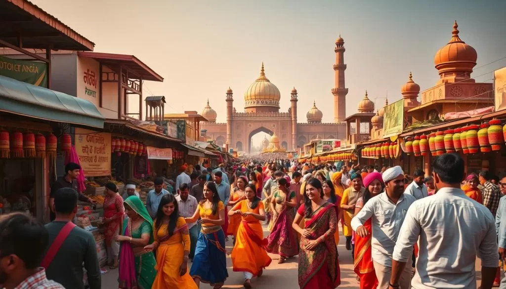 A vibrant scene of a Punjab festival, bathed in warm golden light. In the foreground, a lively procession of colorfully dressed dancers and musicians weaves through the bustling marketplace, their movements energetic and joyful. In the middle ground, stalls sell an array of traditional crafts, spices, and delicacies, while in the background, the towering domes and minarets of historic architectural landmarks lend an air of timeless elegance. The atmosphere is one of exuberance and celebration, capturing the rich cultural heritage and festive spirit of Punjab.