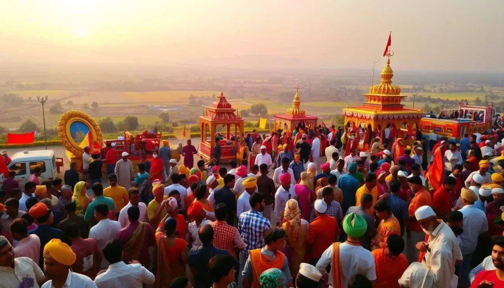 A vibrant scene of a Punjab festival unfolds, capturing the essence of the region's rich cultural tapestry. In the foreground, a lively crowd gathers, adorned in colorful traditional attire, dancing to the rhythmic beats of traditional instruments. The middle ground features intricately decorated floats and elaborate structures, showcasing the intricate artistry of the locals. In the background, a stunning landscape of rolling hills and verdant fields provides a picturesque backdrop, bathed in the warm, golden glow of the sun. The atmosphere is one of joyous celebration, where the air is filled with the scent of fragrant spices and the laughter of the revelers. A vibrant, immersive scene that transports the viewer to the heart of Punjab's vibrant cultural festivities.