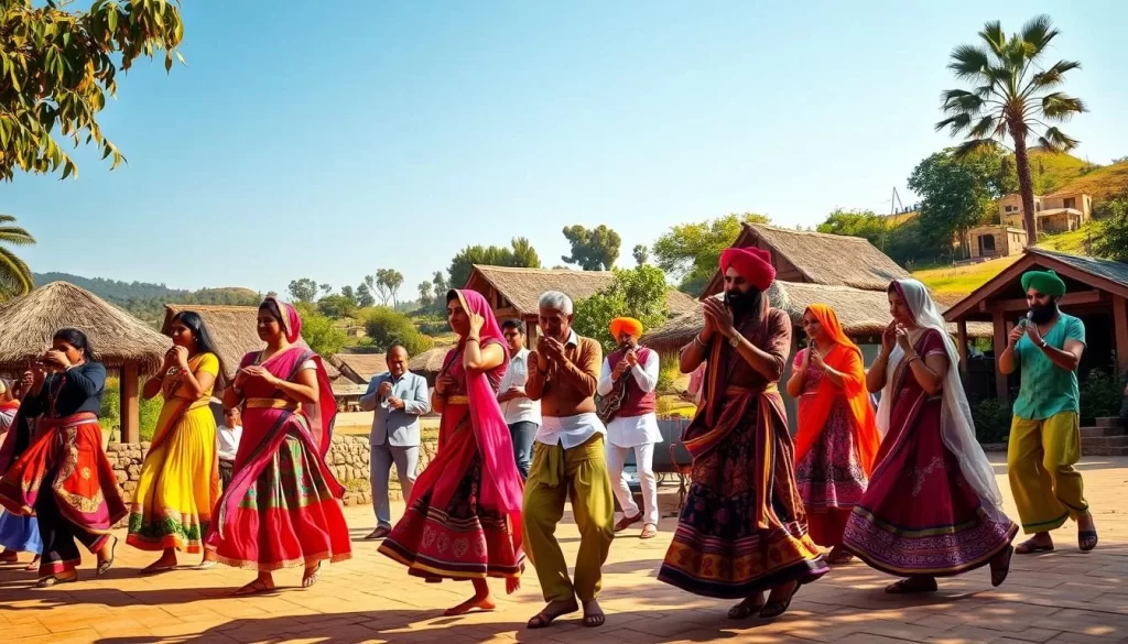 A vibrant scene of a Punjabi folk dance performance unfolds against the backdrop of a sun-dappled village. In the foreground, a troupe of colorfully dressed dancers move in graceful, rhythmic motions, their ornate costumes and intricate footwork capturing the joyous spirit of the performance. In the middle ground, a live band plays lively music, their instruments blending harmoniously to set the energetic pace. The background reveals a charming rural landscape, with thatched-roof houses, lush greenery, and a clear blue sky overhead, creating a sense of timelessness and cultural authenticity. Warm, natural lighting bathes the scene, casting a golden glow and emphasizing the vibrant hues of the dancers' attire. The overall composition conveys the rich cultural heritage and celebratory atmosphere of a Punjabi folk dance performance.