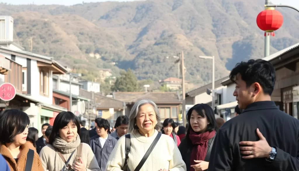 A vibrant scene of a bustling street in Gyeonggi Province, South Korea. In the foreground, locals converse in the distinct Gyeonggi dialect, their expressive gestures and animated expressions capturing the regional linguistic nuances. The middle ground features a mix of traditional hanok houses and modern architecture, showcasing the blend of old and new that characterizes the province. In the background, a picturesque hillside provides a serene backdrop, bathed in the warm glow of a pleasant afternoon sun. The overall atmosphere exudes a sense of cultural richness and linguistic diversity that embodies the essence of Gyeonggi Province and its Standard Korean (Pyojuneo) dialect.