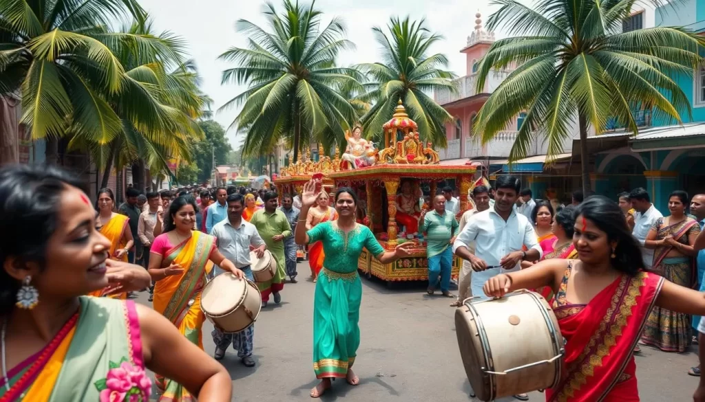 A vibrant scene of a lesser-known Goa festival, captured on a sunny day. In the foreground, colorfully dressed locals dance to the rhythm of traditional drums and gongs. In the middle ground, intricately decorated floats and ornate costumes sway through the streets. The background features lush palm trees and vibrantly painted buildings, creating a warm, celebratory atmosphere. The image is shot with a wide-angle lens, allowing the viewer to immerse themselves in the festive energy. Soft, diffused lighting illuminates the joyful expressions and intricate details, conveying the unique charm of this Goan cultural celebration.