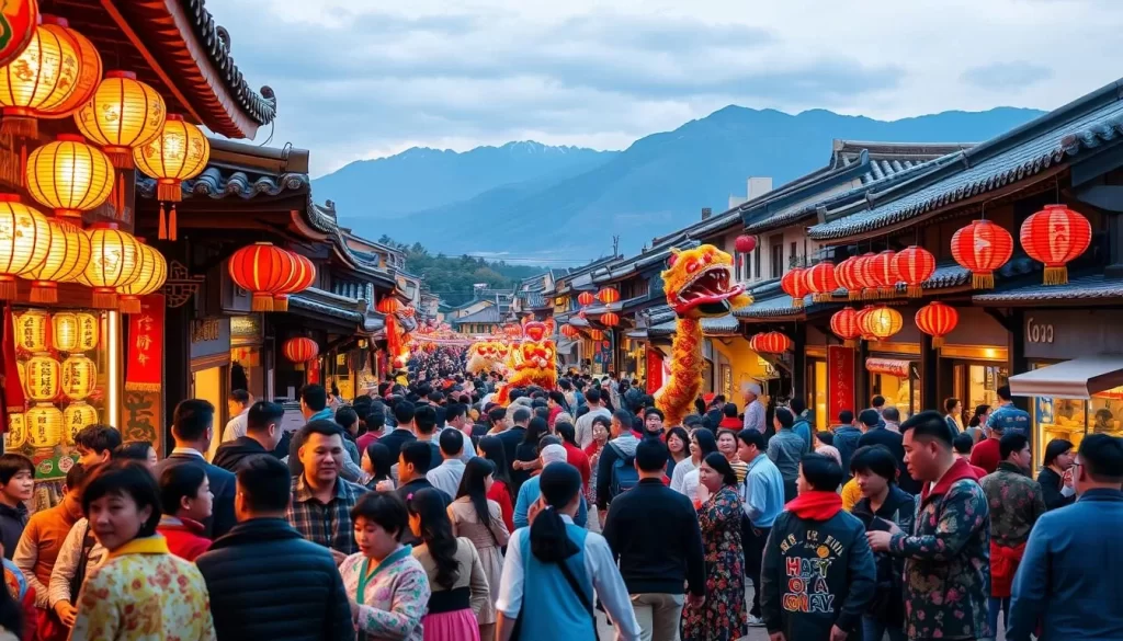 A vibrant scene of a traditional Korean Lunar New Year celebration unfolds. In the foreground, families gather around a lively festival, dressed in colorful hanbok attire. Intricate lanterns and decorations hang from the buildings, casting a warm, golden glow. In the middle ground, a lively parade of performers, dragon dancers, and musicians weave through the bustling streets, their vibrant costumes and lively movements capturing the festive spirit. In the background, the majestic mountains of Gangwon Province provide a picturesque backdrop, hinting at the region's natural beauty. The overall atmosphere is one of joyous celebration, tradition, and community, inviting the viewer to immerse themselves in the rich cultural tapestry of Korea.