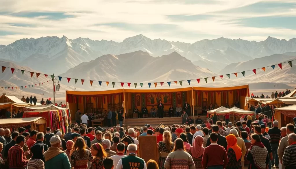 A vibrant scene of a traditional Tajik festival unfolds, capturing the essence of the country's rich cultural heritage. The foreground showcases a lively crowd gathered around a central stage, adorned in colorful, intricate outfits that sway to the rhythmic beats of traditional music. In the middle ground, artisanal stalls display an array of handcrafted goods, from intricate textiles to carved wooden sculptures, inviting visitors to immerse themselves in the vibrant marketplace. The background is framed by majestic snow-capped mountains, casting a serene and awe-inspiring backdrop to the joyous festivities. The scene is bathed in warm, golden sunlight, creating a dreamlike atmosphere that evokes a sense of wonder and cultural celebration.