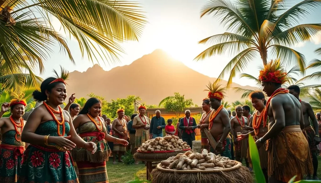 A vibrant scene of a traditional yam festival in a lush, tropical setting. In the foreground, a group of celebrants adorned in colorful garments perform a ceremonial dance, their faces alight with joy. The middle ground showcases an ornately decorated yam display, with elders reverently tending to the sacred tubers. In the background, a towering mountain range frames the festivities, bathed in warm, golden sunlight that filters through swaying palm fronds. The atmosphere is one of reverence, community, and the deep connection between the people and the land. Capture this cultural celebration in a high-resolution, photorealistic style.