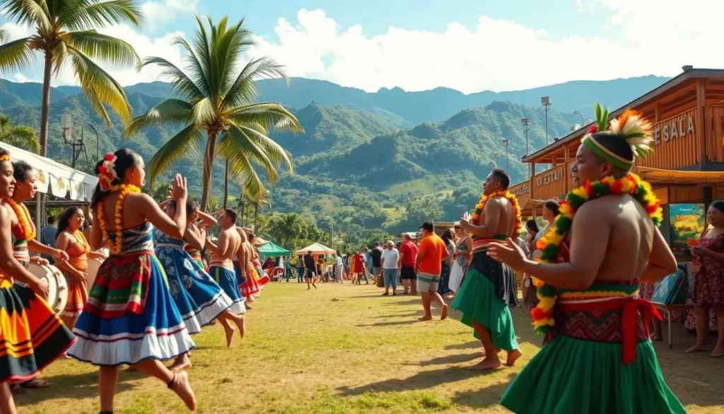 A vibrant scene of an American Samoa festival, showcasing the rich cultural heritage and spirit of the island. In the foreground, colorfully dressed performers sway to the rhythmic beats of traditional music, their movements graceful and lively. The middle ground features an array of stalls offering local delicacies, handicrafts, and cultural displays, inviting visitors to immerse themselves in the festivities. In the background, a backdrop of lush, verdant landscapes and azure skies sets the stage for this celebration of Samoan culture. The warm, tropical lighting casts a warm glow, creating a welcoming and festive atmosphere. Capture the essence of the cultural significance of these festivals in American Samoa.