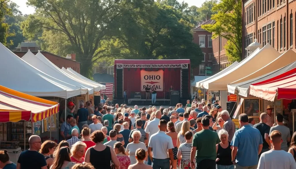 A vibrant scene of an Ohio festival, bathed in warm sunlight. In the foreground, a lively crowd gathers around colorful food stalls, the aroma of local delicacies wafting through the air. In the middle ground, a stage stands tall, musicians playing upbeat tunes that energize the festive atmosphere. Tents and booths line the sides, offering crafts, artwork, and other unique local wares. In the background, historic buildings and trees frame the bustling event, creating a sense of community and celebration. The overall mood is one of joy, energy, and a deep appreciation for Ohio's rich cultural heritage.