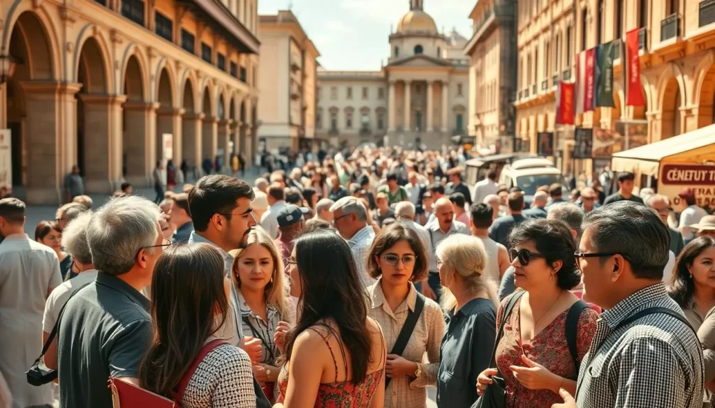 A vibrant scene of diverse language speakers gathered in a bustling public space on a pleasant sunny day. In the foreground, people of various ethnicities converse animatedly, their body language and facial expressions conveying the richness of their exchanges. The middle ground features a mix of pedestrians, vendors, and passersby, each representing a unique linguistic and cultural background. The background showcases the architectural details of the setting, providing a visually striking contrast to the human activity in the center of the frame. Warm lighting bathes the scene, creating a welcoming and inclusive atmosphere. The overall composition emphasizes the multicultural and multilingual nature of the community.