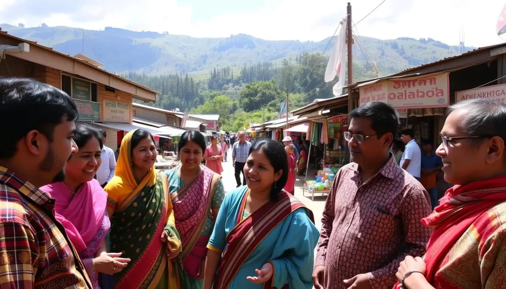 A vibrant scene of linguistic diversity in Arunachal Pradesh, India. In the foreground, a group of people from different ethnic backgrounds engage in lively conversation, their traditional attire and expressive gestures reflecting the region's cultural richness. The middle ground showcases a bustling marketplace, with vendors selling a variety of goods and multilingual signage. In the background, rolling hills and lush greenery provide a serene natural backdrop, suggesting the region's diverse and picturesque landscape. Bright, natural lighting illuminates the scene, capturing the warmth and energy of this multilingual state.
