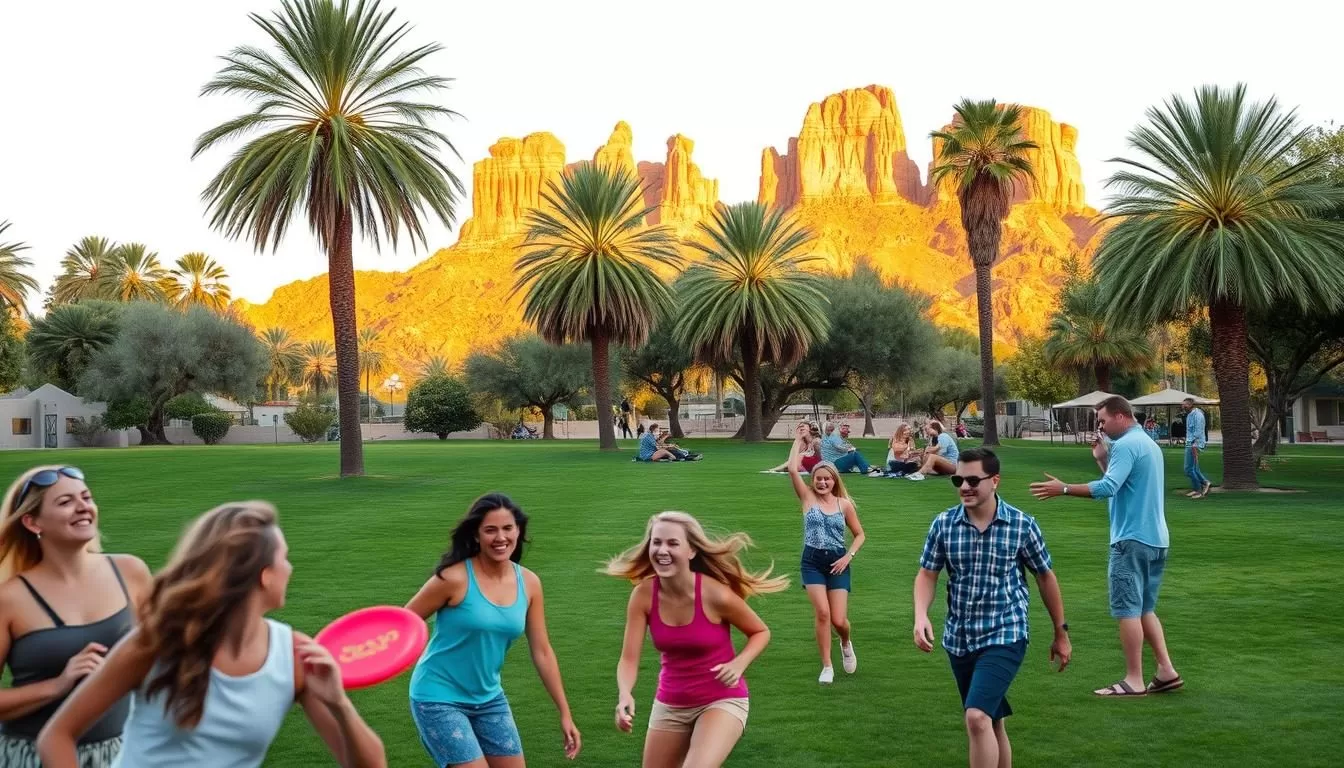 A vibrant scene of outdoor activities in Mesa, Arizona, on a sunny day. In the foreground, a group of friends enjoying a game of frisbee in a lush, grassy park, their laughter and movement captured by a wide-angle lens. In the middle ground, a family picnicking under the shade of towering palm trees, their faces filled with delight. In the background, the iconic buttes of the Sonoran Desert rise up, bathed in warm, golden light, creating a stunning natural backdrop. The overall atmosphere is one of joy, adventure, and a celebration of the great outdoors.