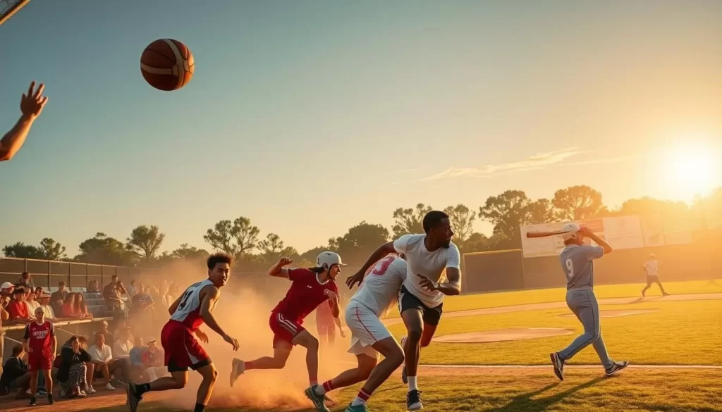 A vibrant scene of sporting events unfolding in the heart of South Carolina. In the foreground, athletes compete in a lively game of basketball, their movements captured in dynamic motion. The middle ground showcases a rugby match, players engaged in a fierce contest, the crowd cheering passionately. In the background, a baseball diamond emerges, batters swinging for the fences as the sun casts a warm, golden glow over the entire landscape. The image exudes the energy and excitement of the Palmetto State's rich sporting heritage, capturing the spirit of its diverse athletic traditions.