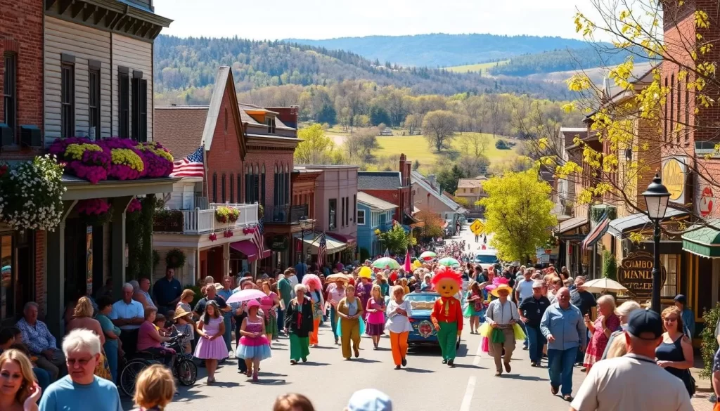 A vibrant scene of springtime festivities in the heart of North Carolina unfolds. In the foreground, a lively parade with colorful costumes and festive music fills the streets, as locals and visitors alike celebrate the season's arrival. The middle ground showcases quaint historic buildings adorned with blooming flowers, their facades bathed in warm, golden sunlight. In the background, rolling hills and verdant landscapes provide a picturesque backdrop, hinting at the natural beauty that surrounds this joyous occasion. The atmosphere is one of community, tradition, and the exuberance of springtime in the American South.