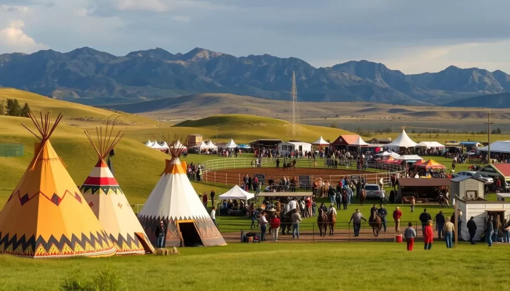 A vibrant scene of the Crow Fair and Rodeo unfolds before us, set against the majestic backdrop of the rugged Montana landscape. In the foreground, traditional teepees dot the lush, rolling hills, their colorful patterns and textures catching the warm, golden light. In the middle ground, a bustling crowd gathers around a lively rodeo arena, where skilled cowboys and cowgirls showcase their rodeo prowess, their movements frozen in time by the crisp, sharp focus of the lens. Across the scene, vendors offer an array of handcrafted wares, from intricate beadwork to vibrant weavings, all evoking the rich cultural heritage of the Crow Nation. The atmosphere is one of festivity and celebration, with a sense of timelessness that transports the viewer to the heart of this cherished annual event.