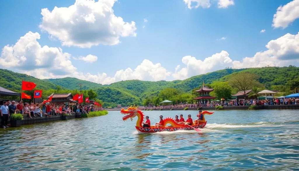 A vibrant scene of the Dragon Boat Festival in Changhua, Taiwan. In the foreground, a colorfully decorated dragon boat with rowers in traditional costumes racing across a serene river, their paddles stirring the tranquil waters. In the middle ground, crowds of spectators lining the riverbanks, waving flags and cheering. In the background, lush green hills and a clear blue sky with fluffy white clouds, bathed in warm, golden sunlight. The atmosphere is one of lively celebration, rich culture, and joyous community spirit.