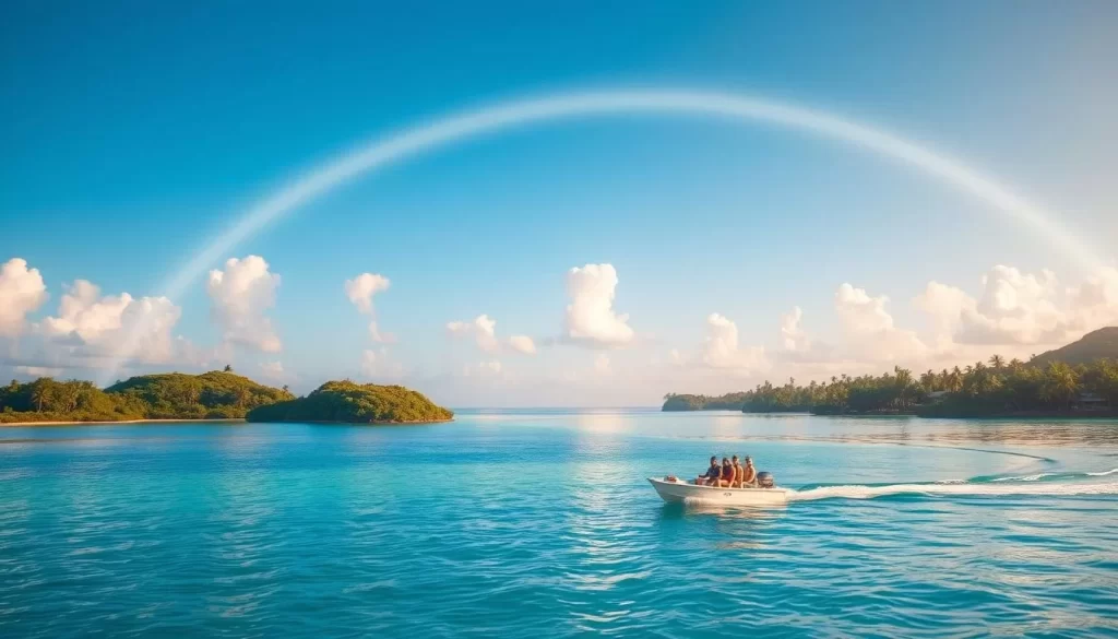 A vibrant scene of the Marshall Islands during the ideal weather for island hopping. A crystal-clear azure sky arches overhead, with fluffy white clouds drifting lazily. Warm, golden sunlight bathes the lush, verdant islands below, their sandy beaches and swaying palm trees reflected in the calm, turquoise waters. In the foreground, a small motorboat glides across the gentle waves, its passengers eagerly anticipating their next island adventure. The image captures the tranquil, idyllic atmosphere of the perfect time to explore this tropical paradise.