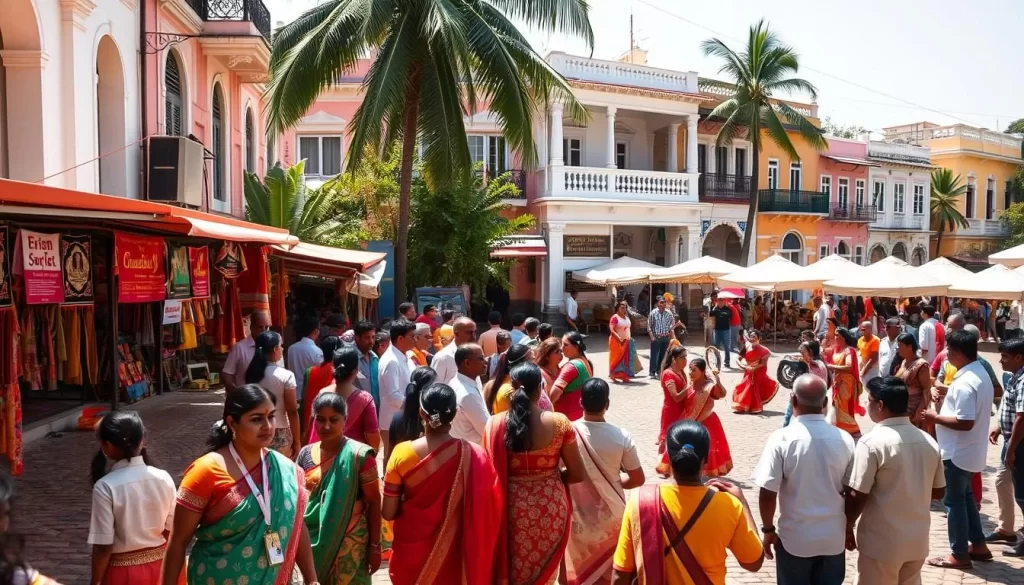 A vibrant scene of the Pondicherry Heritage Festival unfolding on a sunny day. In the foreground, colorfully dressed locals and visitors peruse stalls selling traditional handicrafts, textiles, and delectable regional cuisine. In the middle ground, a lively performance of classical Indian dance fills the air with rhythmic movement and the sounds of sitar and tabla. The background features the iconic colonial-era architecture of Pondicherry, with its pastel-hued buildings and quaint cobblestone streets. Warm natural lighting bathes the entire scene, creating a warm, inviting atmosphere that captures the essence of this lesser-known but vibrant cultural celebration.