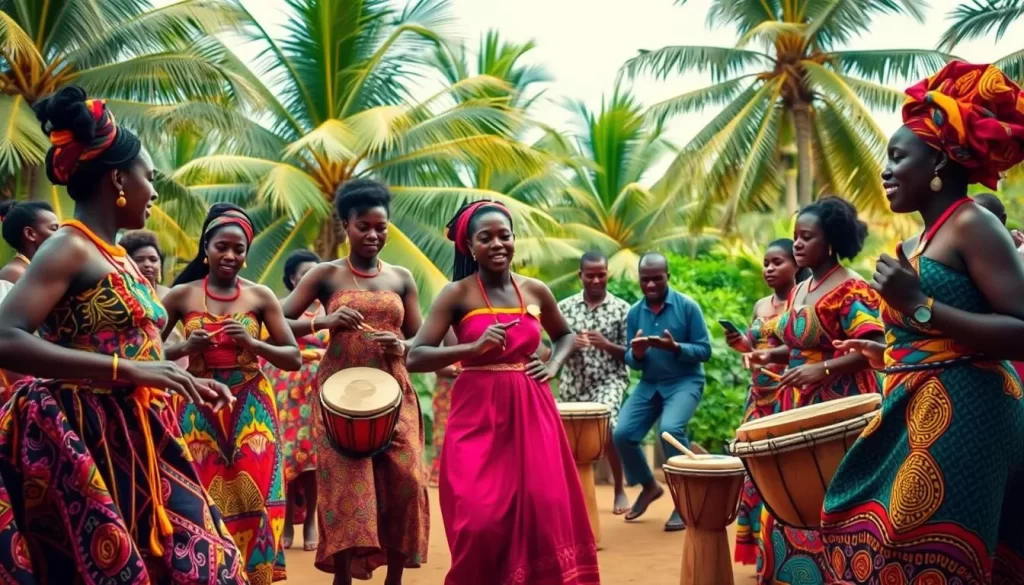A vibrant scene of traditional Ewe music and dance in the heart of Notse, Togo. In the foreground, a group of graceful dancers adorned in colorful traditional attire, their movements fluid and synchronized to the rhythmic beats of hand drums and wooden xylophones. The middle ground features a small ensemble of musicians, their faces alight with passion as they play their instruments. In the background, a lush tropical backdrop with palm trees swaying gently in the warm breeze, setting the stage for this captivating cultural performance. The lighting is soft and natural, casting a warm glow over the scene, evoking a sense of vibrant energy and cultural celebration.